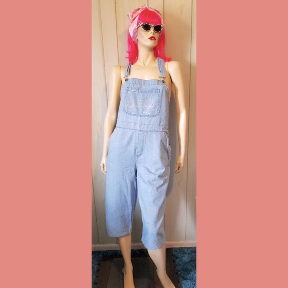 Vintage 90s Embroidered Cats Blue Denim Capri Overalls - Picture 10 of 10